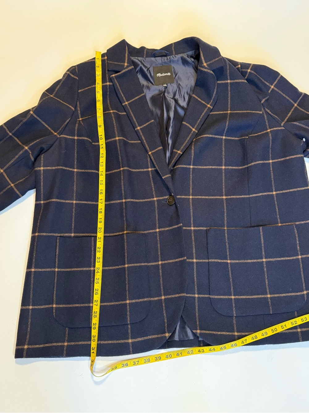 Madewell Navy Wool-Blend Blazer with Brown Windowpane Check - Picture 3 of 10
